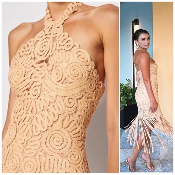 Jonathan Simkhai White Alisa Lace Fringe Halter Bridal Midi Dress Size 6 - Picture 3 of 14